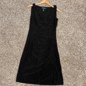 Lauren - Ralph Lauren Sleeveless Black Sheath Stretch Faux Wrap V-Neck Dress